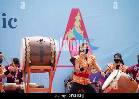 San Francisco, USA. 1st May, 2021. People attend the opening ceremony of Asian Pacific American Heritage Month in San Francisco, the United States, May 1, 2021. The Asian Pacific American Heritage Month of San Francisco which includes over 50 events kicked off here on Saturday. Credit: Li Jianguo/Xinhua/Alamy Live News Stock Photo