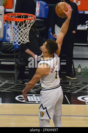 Los Angeles, United States. 02nd May, 2021. Denver Nuggets' forward Michael Porter Jr. jams for two-points against the Los Angeles Clippers during the second half at Staples Center in Los Angeles on Saturday, May 1, 2021. The Nuggets defeated the Clippers 110-104. Photo by Jim Ruymen/UPI Credit: UPI/Alamy Live News Stock Photo