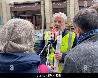 Edinburgh, UK. 29th Apr, 2021. Angus Robertson, direct candidate of the Scottish National Party SNP, talks to journalists. (to dpa 'Scotland before crucial election: Is a new border in Europe coming?') Credit: Benedikt von Imhoff/dpa/Alamy Live News Stock Photo