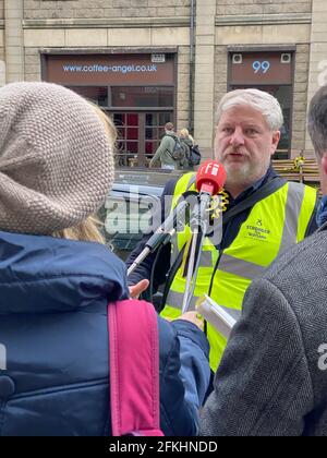 Edinburgh, UK. 29th Apr, 2021. Angus Robertson, direct candidate of the Scottish National Party SNP, talks to journalists. (to dpa 'Scotland before crucial election: Is a new border in Europe coming?') Credit: Benedikt von Imhoff/dpa/Alamy Live News Stock Photo
