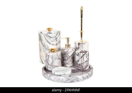 luxury marble bathroom accessories set isolated on white Stock Photo