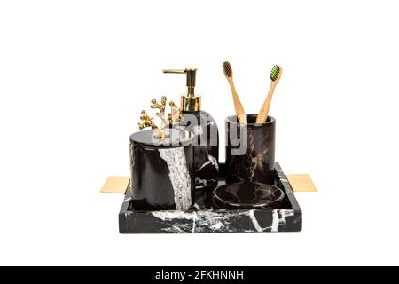 luxury marble bathroom accessories set isolated on white Stock Photo