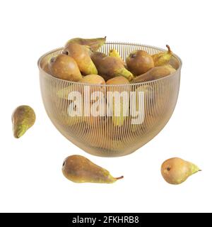 Round bowl made of metal rods with ripe green pears on isolated background. 3d rendering Stock Photo