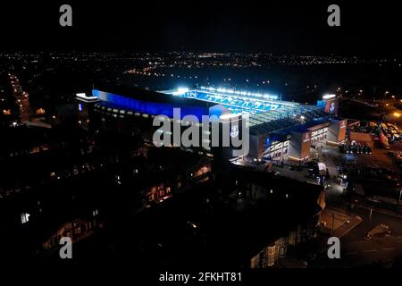A general view of Goodison Park at night with the floodlights on after a football match showing the stadium in it’s urban setting