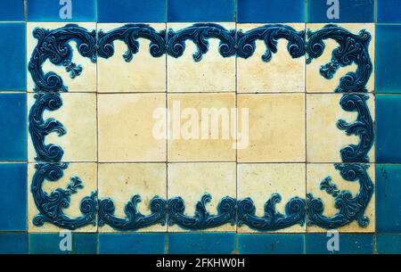 Decorative Victorian ceramic tiles with blue pattern and white background Stock Photo