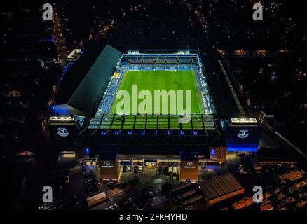 An aerial view of Goodison Park, home of Everton FC, after the Premier League match between Everton and Aston Villa as ground staff tend to the pitch