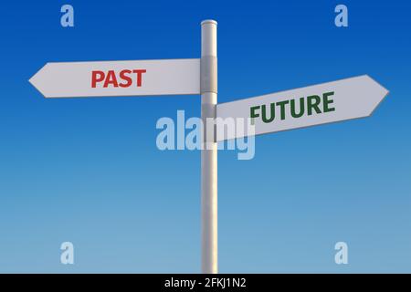 Past vs. future concept. Two street signs pointing into opposite directions. Looking forward or looking backwards Stock Photo