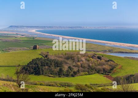 St Catherine's Chapel and Chesil Beach from Abbotsbury Hill, Dorset, England Stock Photo