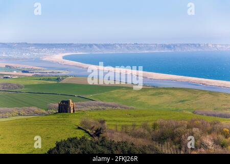 St Catherine's Chapel and Chesil Beach from Abbotsbury Hill, Dorset, England Stock Photo