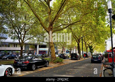 Street view of Immermannstraße in downtown Düsseldorf with the Japanese hotel Nikko on the left side. It is located in the popular Japanese quarter. Stock Photo