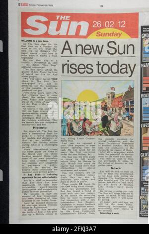 'A new Sun rises today' editorial headline in the first 'Sun on Sunday' tabloid British Sunday newspaper, launched on 26th February 2012. Stock Photo