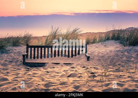Sunrise in the dunes, with a wooden bench coverend in sand, on the Dutch Wadden island Vlieland, in the northern part of the Netherlands. Stock Photo