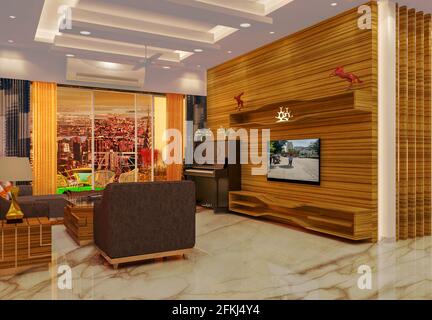 3D rendered contemporary style living room with TV unit and white color finish false ceiling with cove light. Stock Photo