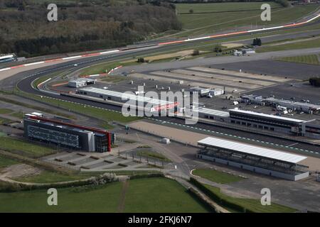 Aerial view of the Old Pits straight at Silverstone, Home of the British Grand Prix. Stock Photo