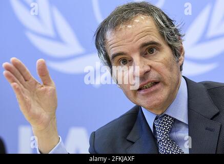 Beijing, Austria. 14th Apr, 2021. Rafael Mariano Grossi, director general of the International Atomic Energy Agency (IAEA), speaks during an interview about Japan's decision to discharge nuclear contaminated water into the Pacific Ocean in Vienna, Austria, on April 14, 2021. Credit: Georges Schneider/Xinhua/Alamy Live News Stock Photo