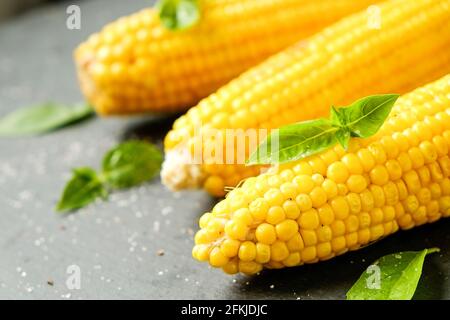 Three cobs of corn grilled on barbecue fire laid with green basil leaves and salt decoration on dark stone table. Clean eating habits concept. Backgro Stock Photo