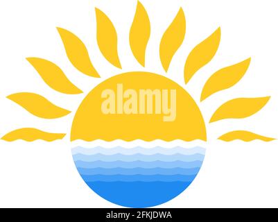 Sunrise or Sunset vector symbol with water on white isolated background. Horizon sign. Smooth jagged and rounded beams. Stock Vector