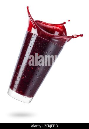 falling glass of berry smoothie isolated on white Stock Photo