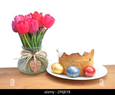 tulip bouquet, holiday easter, a vase with tulips and Easter eggs Stock Photo