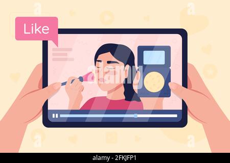 Hands hold tablet with video on make up tutorial flat color vector illustration Stock Vector