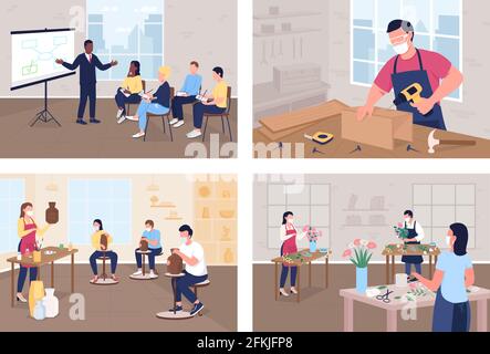 Master class flat color vector illustration set Stock Vector