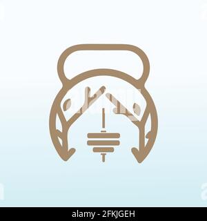 wood buildings with fitness dumbbell icon logo design. Stock Vector