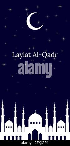 The Muslim feast of the Laylat al-Qadr. Vector illustration with crescent and mosque dome silhouette on starry background Stock Vector