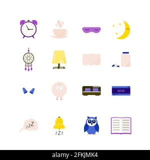 Sleep and Insomnia vector icon set. Sleep problems and sleeplessness concept. Alarm, bed, pillow, pills, dreamcatcher, earplug, cup, sleeping mask, ow Stock Vector
