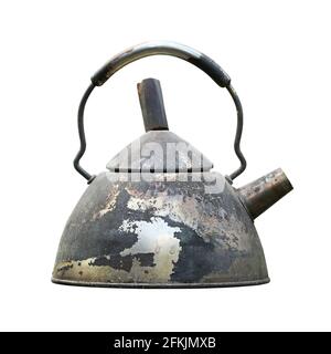 Old vintage smoke covered teapot isolated on white background Stock Photo