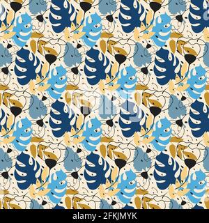 Tropic leaves summer seamless patter, vector hand drawn illustration of outline flower, monstera, branch in modern blue yellow color palette Stock Vector