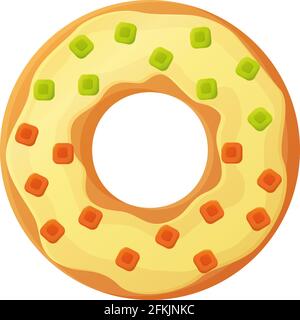 Bright doughnut with cream glaze and gummies. No diet day symbol, unhealthy food, sweet fastfood, sugar snack, extra calories concept. Stock vector Stock Vector