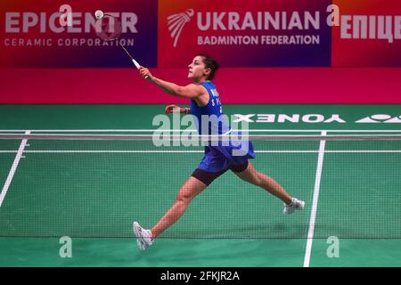 KYIV, UKRAINE - MAY 2: Carolina Marin Of Spain competes in her Womens Singles Final match against Line Christophersen of Denmark during Day 6 of the 2021 European Badminton Championships at Palace of Sports on May 2, 2021 in Kyiv, Ukraine. (Photo by Andrey Lukatsky/Orange Pictures) Stock Photo