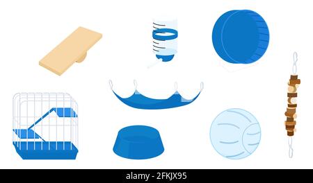 Hamster blue accessories set. Rodent cage, exercise wheel isolated on white. Transparent plastic ball for small pets. Vector cartoon illustration. Stock Vector