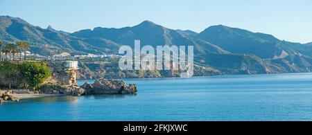 Panoramic view, Balcony of Europe, viewing platform and landmark of the coast town Nerja, Andalucia, Costa del Sol, Spain Stock Photo