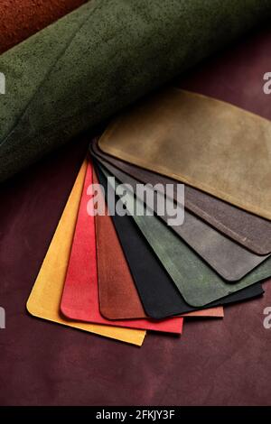Artificial leather samples on a cow leather background. Top view Stock Photo