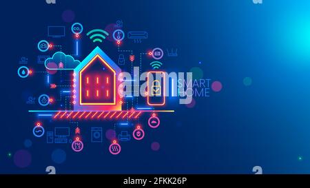 Smart home system concept. Phone controls works, safety of smart devices in house. Smartphone app of monitoring, setting of algorithm autonomous works Stock Vector