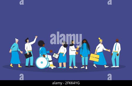 Group of diverse people standing together. Multiracial and multicultural  characters wearing in casual clothes. Healthy and disabled people. Stock Vector
