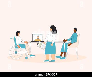 Diverse group of professionals working together on a project. Remote teamwork people. Inclusion at the office. Coworkers talking at  business meeting. Stock Vector