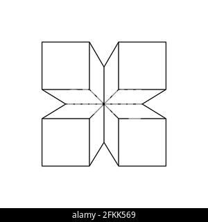 An abstract figure of four squares connected to a distant point