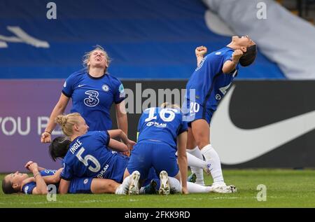 Kingston, UK. 02nd May, 2021. Celebrations after Fran Kirby of Chelsea Women scores a second goal to make it 4-1 in the last minute of the match during the 2nd leg Semi Final of the UEFA Women's Champions League behind closed doors match between Chelsea Women and FC Bayern Munich women at the Kingsmeadow Stadium, Kingston, England on 2 May 2021. Photo by Andy Rowland. Credit: PRiME Media Images/Alamy Live News Stock Photo