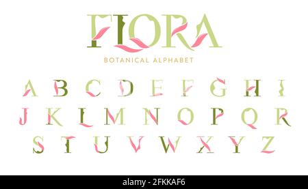 Vector Floral Alphabet with decorative leafs elements. Modern elegance font with uppercase letters. Vector Illustration. Stock Vector