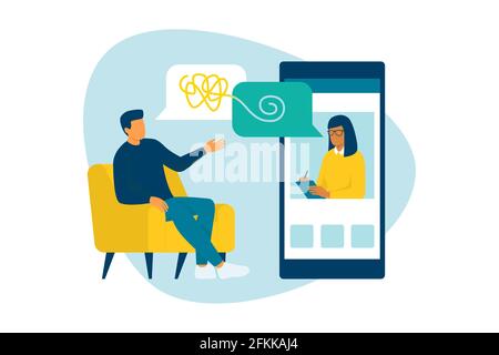 Man talking with a professional psychologist online using his smartphone, online therapy concept Stock Vector