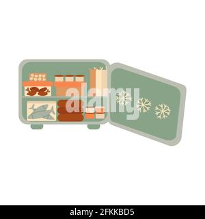 Open freezer with food on the shelves. Colorful vector isolated illustration hand drawn. Refrigerator. Storing frozen food and drinks Stock Vector