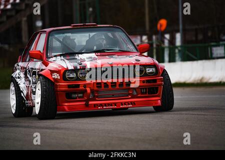 24-04-2021 BMW and tire marks on the asphalt. The car stalled. Drift. Burnout. Editorial photo. Stock Photo