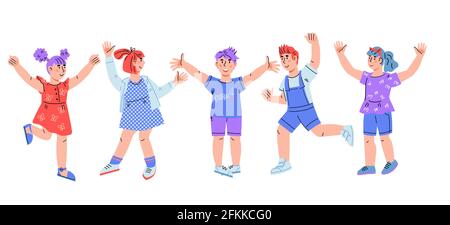 Group of happy smiling and laughing children, boys and girls jumping for joy, cartoon vector illustration isolated on white background. Preschool or p Stock Vector