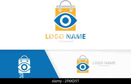 Eye and shopping bag logo combination. Unique shop logotype design template. Stock Vector