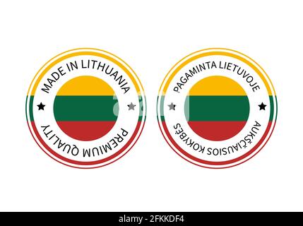 Made in Lithuania round labels in English and in Lithuanian languages. Quality mark vector icon. Perfect for tags, badges, stickers, emblem, product p Stock Vector
