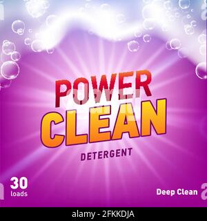 Detergent package design template with lens flare and realistic soap foam. Stock Vector