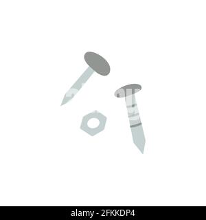 Nail, nut and bolt. Set of metal elements for repair. Colorful vector illustration isolated hand drawn Stock Vector