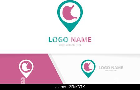 Vector stomach and map pointer logo combination. Gastrointestinal tract and pin logotype design template. Stock Vector